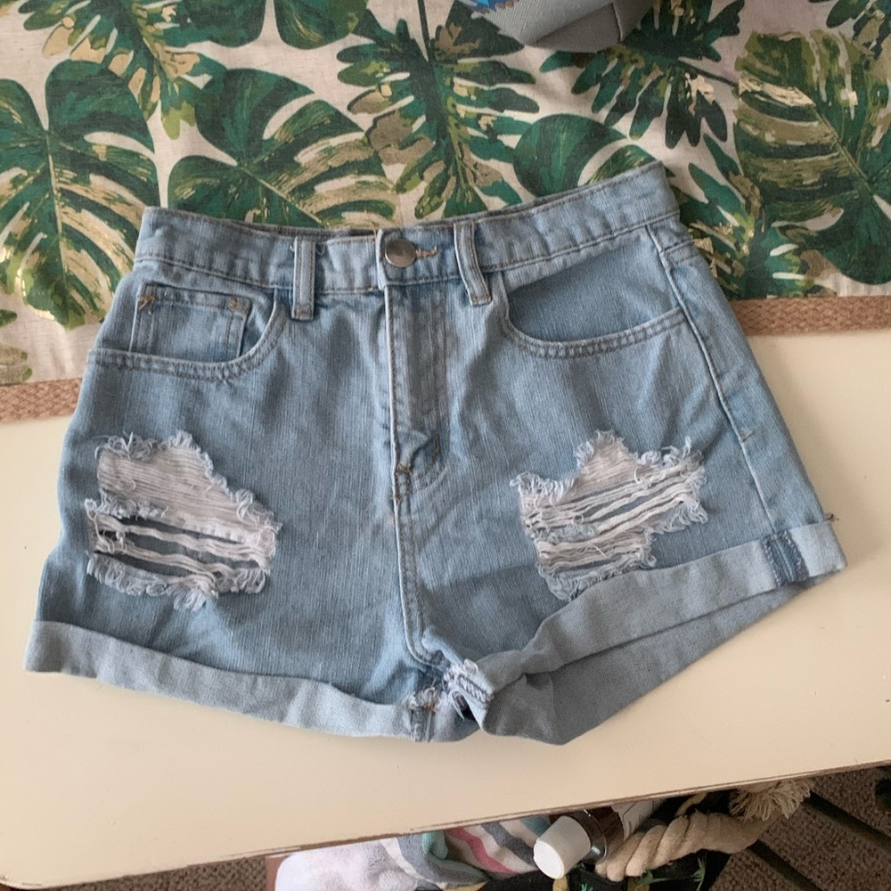 High waisted distressed denim shorts